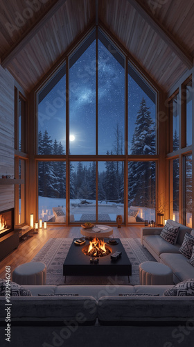 Modern living room with a high vaulted ceiling and fireplace overlooking a snowy, moonlit forest.