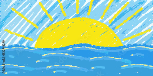 A childlike drawing depicts a bright sun rising over blue waves