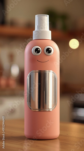 A cute 3D cartoon spray bottle character with a smiling face. Pink container with a shiny metallic emblem on a wooden table with a blurred background.