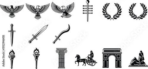 Ancient Roman symbols vector set, eagle sword laurel wreath torch column chariot arch silhouette icons