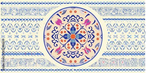 Blue and orange decorative tile pattern with floral and bird motifs