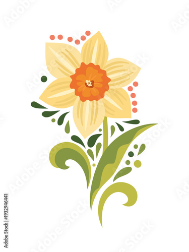 Wiosenny żonkil w stylu ludowym, dekoracyjna ilustracja wektorowa z kwiatem narcyza i motywami roślinnymi