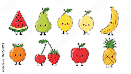 Set of cute fruit character stickers features anthropomorphic versions of watermelon, apple, banana, and other tasty treats.