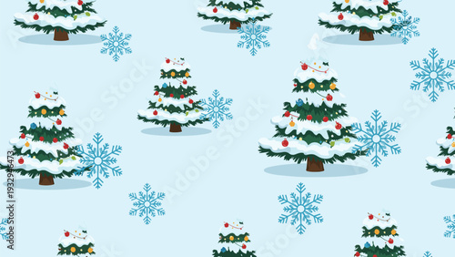 Winter holiday seamless pattern shows snow-covered Christmas trees decorated with colorful ornaments and blue snowflakes.