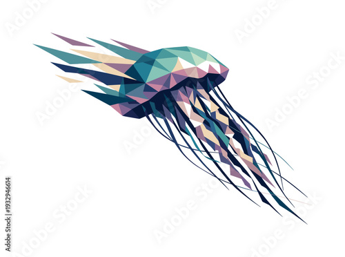 Low-poly vector illustration of a jellyfish initiating its drifting pulse, angular bell expanding outward with tentacles trailing