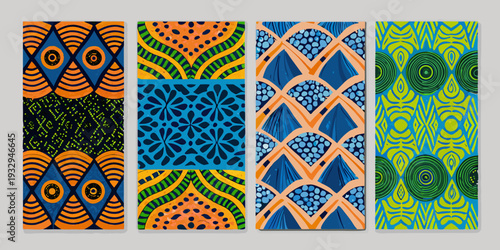 Four vibrant patterned tiles displaying colorful geometric and organic designs