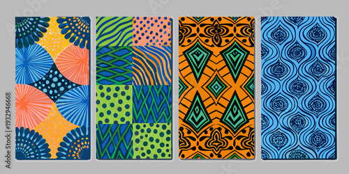 Colorful abstract patterns arranged in a grid of rectangular shapes