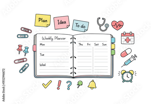Minimalist Planner Design. Open weekly planner spread, tabbed notebook pages, paper clips and sticky notes, small reminder icons