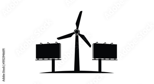 A stark depiction of wind turbines alongside blank billboards creates a minimalist impactful scene a powerful silhouette