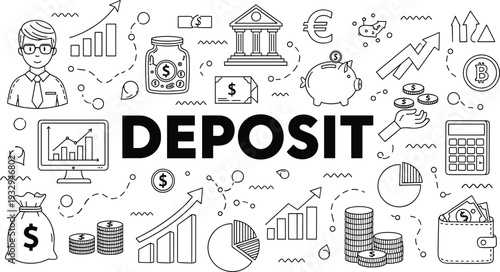 Bank deposit financial concept vector illustration, savings investment money growth banking icons line art set