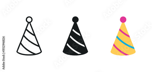 Celebration metaphor conveyed by a conical party hat with small pom on the tip, same silhouette echoed three times horizontally,