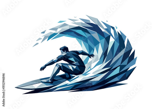 Futuristic Surf Momentum. Low-poly vector illustration of a surfer setting up for a wave cutback, low compressed stance with