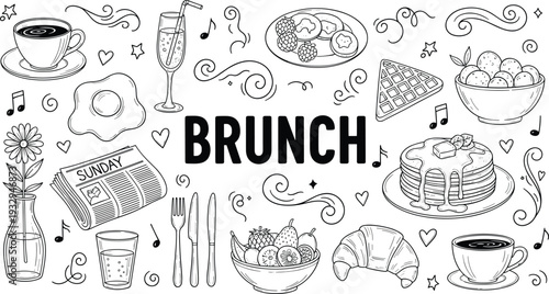 Brunch doodle illustration with coffee, pancakes, croissant, eggs, fruit bowl and breakfast line art collection