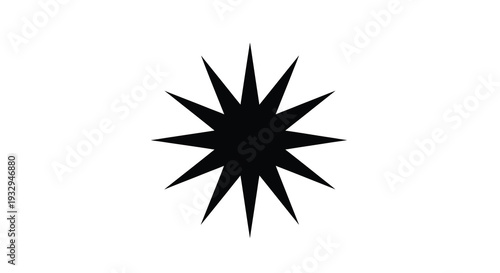 A striking black starburst shape dominates a white background creating a bold and minimalist graphic silhouette high quality professional