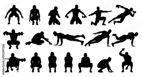 Silhouette Workout: A dynamic collection of fitness silhouettes showcasing various exercises, capturing the essence of strength, flexibility, and physical activity. 