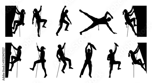 Climbing Silhouettes: A collection of dynamic silhouettes capturing various rock climbing actions and poses, showcasing the strength, agility, and determination involved in this challenging sport.