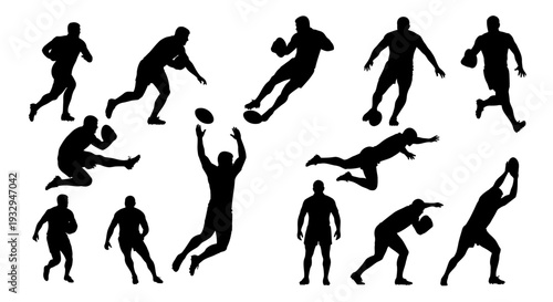American Football Silhouette Set: A dynamic collection of American football silhouettes showcases various game actions and player positions against a clean backdrop.