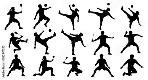 Sepak Takraw Silhouettes: A dynamic display of sepak takraw action, showcasing athletes in mid-play with a flurry of powerful kicks and skillful maneuvers. Capturing the essence of sport.