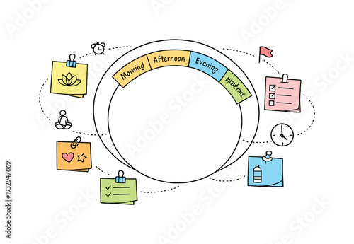 Circular planning wheel, orbiting sticky notes, tiny clock and flag icons, curved dotted paths for Yoga class schedule with tabs,