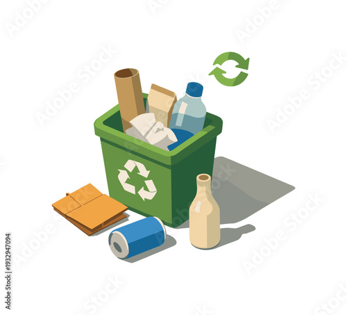 Minimal recycling habits lifestyle concept with bin and recyclable items loosely arranged seen from a top-down angle, offset to