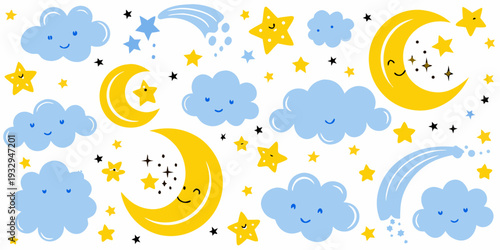 Cute cartoon clouds moons and stars with smiling faces on white