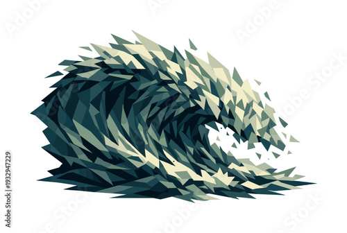 Low-poly vector illustration of an ocean wave crash under peak tension, wave face compressed into dense angular planes as