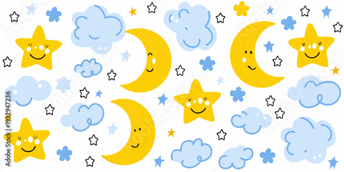 Playful cartoon stars moons and clouds create a whimsical dreamscape