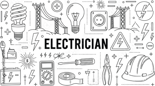 Electrician service doodle illustration with electrical tools, light bulb, power lines, helmet and wiring line art set