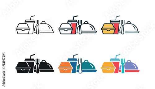 Fast food delivery symbol showing a takeout container, drink cup, fork, and cloche, conveying quick meals, convenience, and food