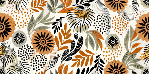Stylized floral pattern with abstract shapes and warm color tones