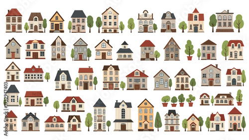 Large grid of architectural illustrations showcases a wide variety of residential house designs and styles with greenery.