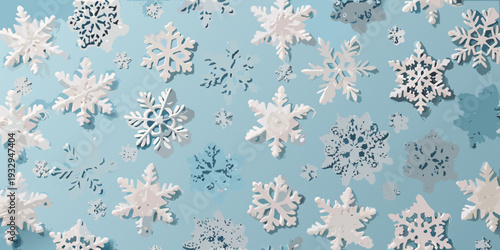 A collection of stylized snowflakes against a pale blue background