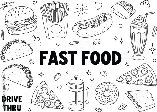 Fast food doodle illustration with burger, pizza, fries, hot dog, milkshake and drive thru line art set