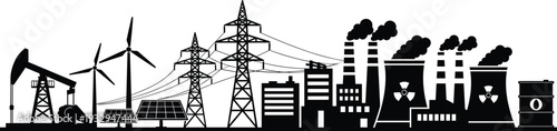 Energy, industry, landscape, with, wind, turbines, solar, panels, nuclear, plant, oil, pump, factory, power, lines, silhouette, vector, illustration, icons, set
