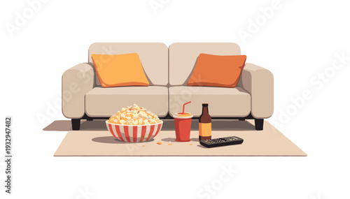 Family movie night essentials with simple sofa popcorn bowl drinks and remote arranged neatly seen from front view, positioned in