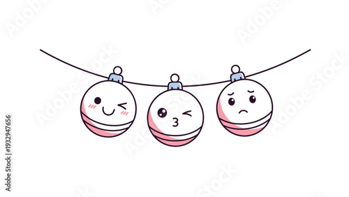 Three adorable Christmas ornaments with cute winking and sad faces hang gracefully on a string as festive holiday decorations for a joyful season.