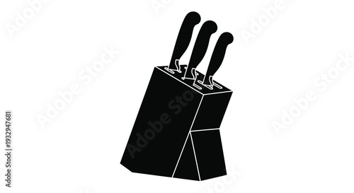 A stark black silhouette of kitchen knives standing upright in a block creating a bold visual contrast silhouette