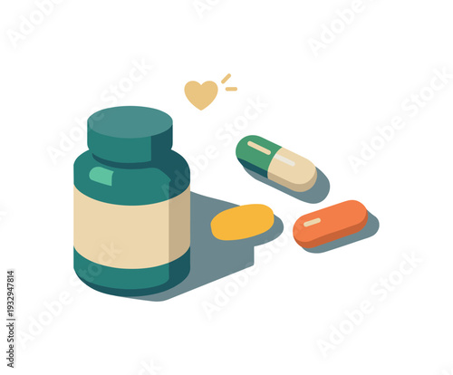 Minimal wellness supplements daily routine with bottle and capsules loosely arranged seen from a top-down angle, offset to the