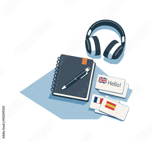 Minimalist Study Essentials. Refined contemporary language learning routine concept with essential notebook pen headphones and