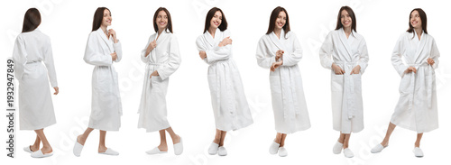 Photos Happy woman in bathrobe on white background. Collage of portraits