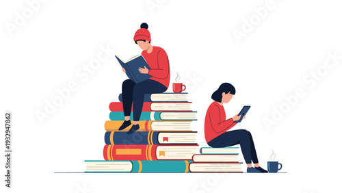 Studious young people enjoy reading books while sitting on large and small stacks of colorful hardcovers in a peaceful and focused environment.