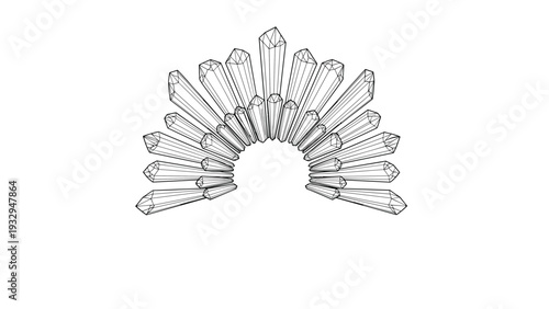 Intricate wireframe illustration showcases a majestic crystal crown or tiara made of sharp pointed gems arranged in a symmetrical arch formation.