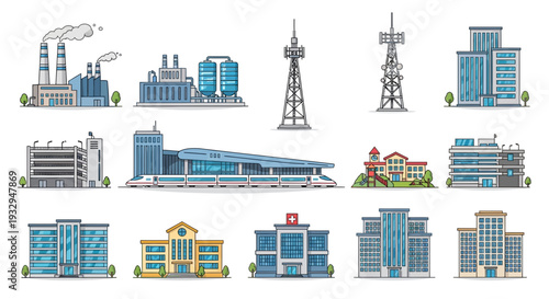 A collection of diverse architectural structures including factories, communication towers, office buildings, a parking garage, a modern train station, and a hospital.