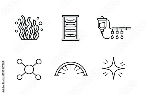 Line vector icons of an algae plantation for food on a vertical farm (controlled algae culture): algae cluster, tower outline,
