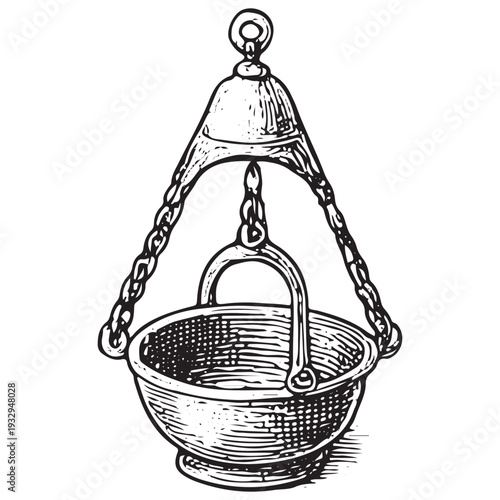 Vintage Hanging Offering Bowl Engraving Illustration Religious Sacred Ceremony