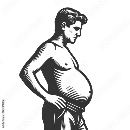 shirtless overweight man in side profile, highlighting large belly and obesity health concept sketch engraving generative ai fictional character vector illustration. Scratch board. Black and white.