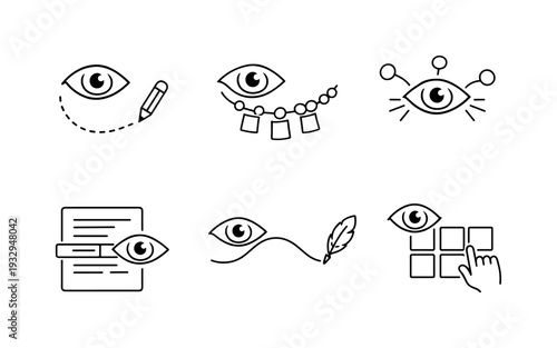 Line style icons of eye-guided literary generation: tracking-path band, word-cue bead, stanza-emit node, dynamic-text segment,