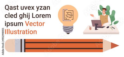 Design, creativity, innovation, workspace layout, education, visual communication. Office desk setup alongside a light bulb and giant pencil. Creativity and innovation concepts are