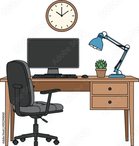 Home Office Workspace Illustration, Modern Desk Computer Chair Lamp and Wall Clock Interior Vector Design