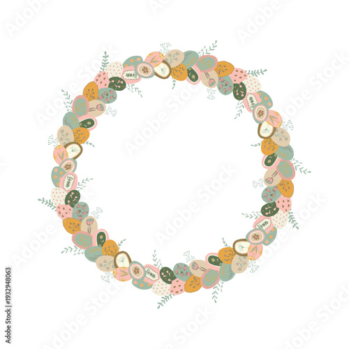 Delicate Easter wreath made of decorated pastel eggs and spring florals arranged in a circular frame. Soft hand drawn style, perfect for cards, invitations and seasonal decor. Vector illustration.